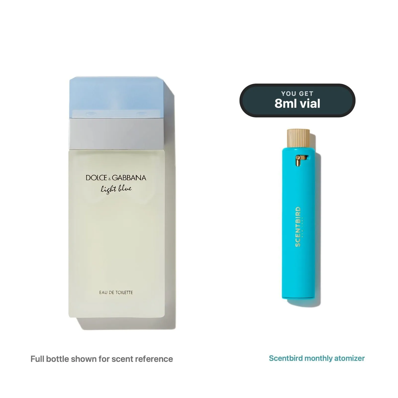 Light Blue full bottle next to the 8 mL Scentbird vial