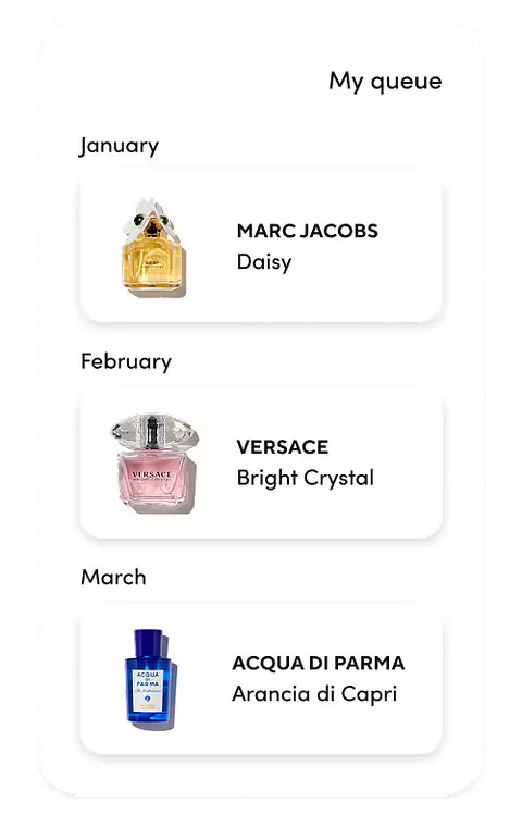 A fragrance queue on a phone screen
