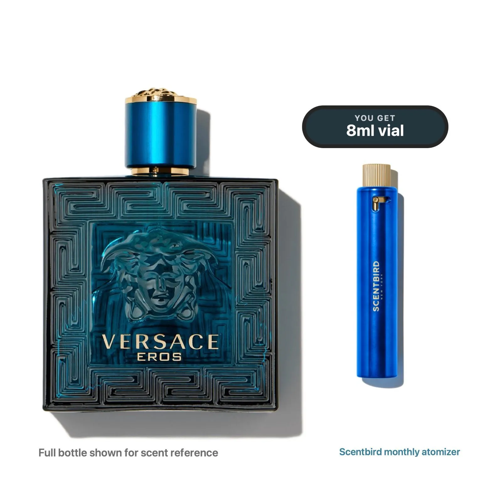 Versace Eros full bottle next to the 8 mL Scentbird vial